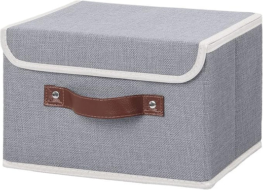 ANMINY Storage Bin with Lid Storage Boxes with PU Leather Handles PP Plastic Board Decorative Foldable Lidded Cotton Linen Fabric Home Cubes Baskets Closet Organizer Container - Gray, Small Size-NeatNest