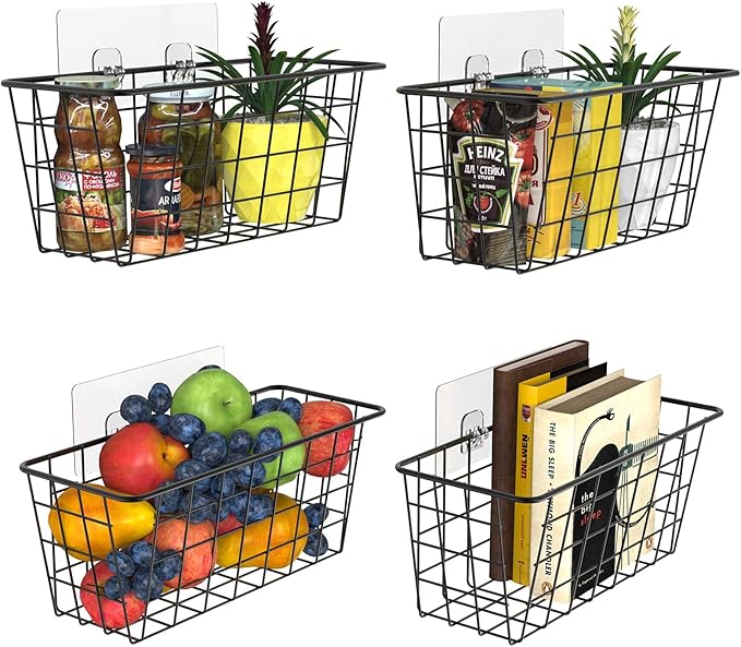 MaraFansie Over the Cabinet Door Organizer Wall Wire Baskets Hanging Kitchen Basket Shelf for Cabinet & Pantry Organization and Kitchen, Bathroom, Bedroom Storage, with Adhesive, 4 Pack-NeatNest