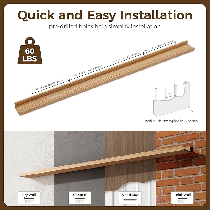 72 Inch Floating Shelves for Wall | Natural Wood Ledge Shelf Set of 2 | Solid Ash Wood Picture Ledge Shelves with Lip | Picture Shelf for Wall with Ledge | Photo Ledge Shelves-NeatNest