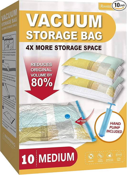 10 Medium Vaccum Storage Bags, Space Saver Vacuum Storage Bags Medium, Space Bags, Vacuum Seal Bags for Clothes with Travel Hand Pump-NeatNest