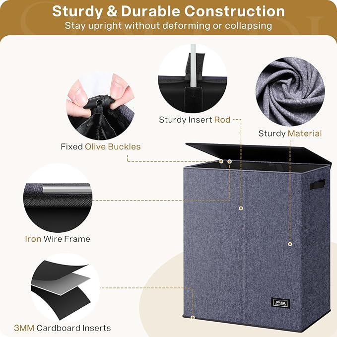 SOLEDI Large Double Laundry Hamper with Lid, Collapsible Clothes Hamper 2 section with Removable Bags, Space-Saving Laundry Basket for Bedroom, Dorm, College-NeatNest