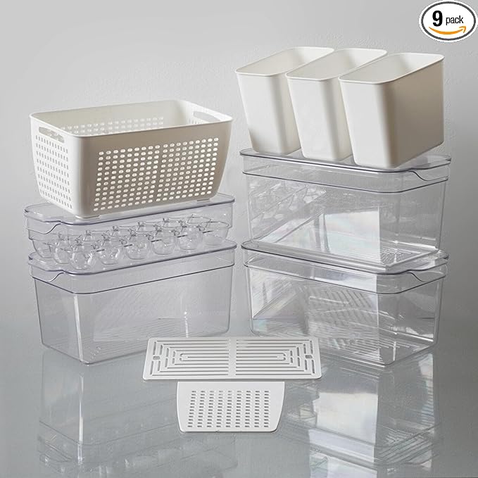 Clear Stackable Storage Containers with Lids BPA-Free Organizer Bins for Refrigerator Pantry Fridge Drawer with Colander and Dividers for Kitchen Food Preservation and Home Organization BPA Free-NeatNest