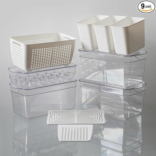 Clear Stackable Storage Containers with Lids BPA-Free Organizer Bins for Refrigerator Pantry Fridge Drawer with Colander and Dividers for Kitchen Food Preservation and Home Organization BPA Free-NeatNest