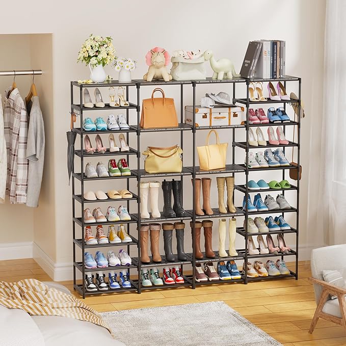 Shoe Rack Large Capacity 4 Rows 10 Tier for 60-64 Pairs, Space Saving Shoes Sturdy DIY Storage Organizer Shelf for Entryway, Garage, Closet, Bedroom, Black-NeatNest