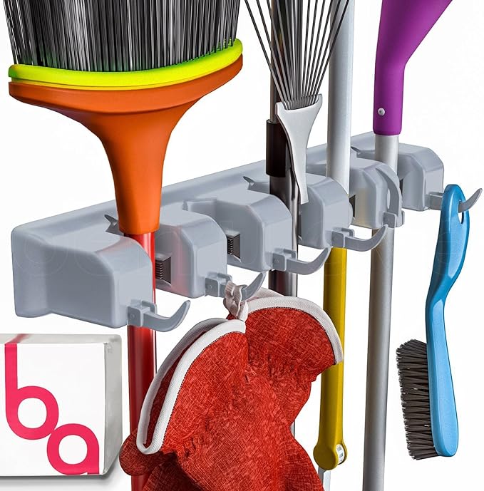 Berry Ave Broom Holder Wall Mount and Garden Tool Organizer, Closet Storage, Kitchen Rack, Home Organization and Garage Organizer for Rake or Mop Handles Up to 1.25-Inches, Hanger Plus 6 Hooks (Grey)-NeatNest
