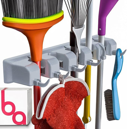 Berry Ave Broom Holder Wall Mount and Garden Tool Organizer, Closet Storage, Kitchen Rack, Home Organization and Garage Organizer for Rake or Mop Handles Up to 1.25-Inches, Hanger Plus 6 Hooks (Grey)-NeatNest