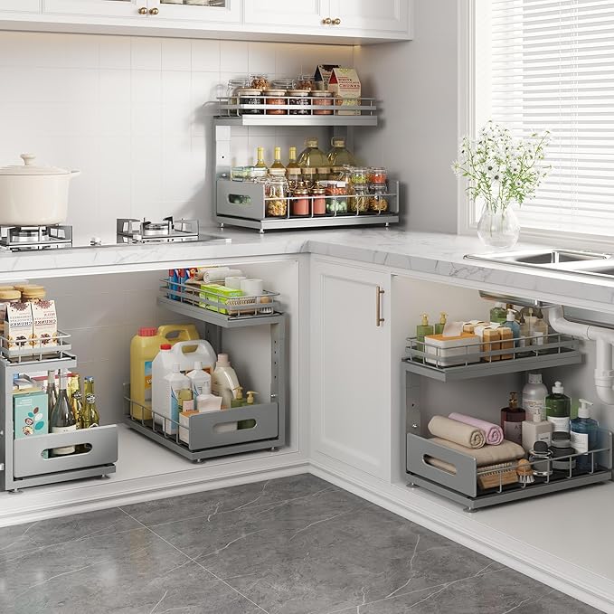 1 Pack Under Sink Organizer Upgrade to Professional Rails,2-Tier Dual Pull Out Cabinet Storage,Height Adjustable Slide Out Drawers for Bathroom Kitchen,Under Sink Shelf-Gun Gray-NeatNest