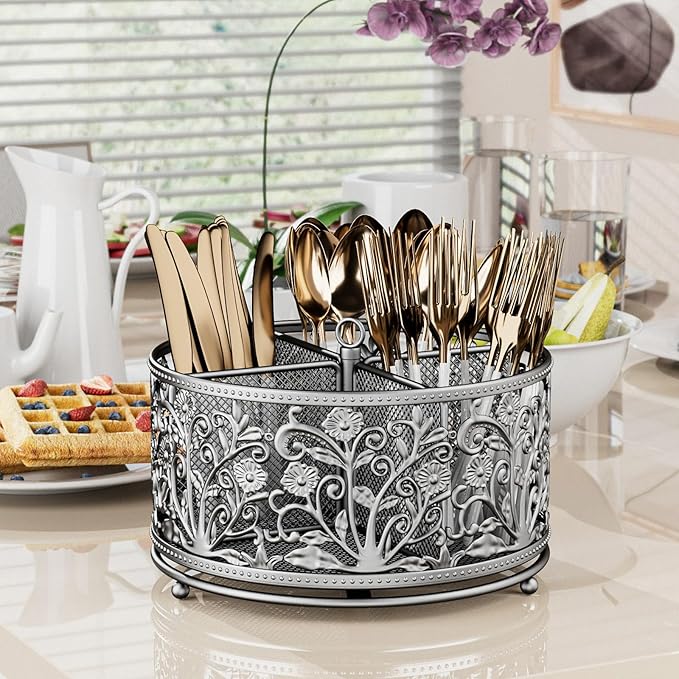 360° Rotating Utensil Caddy - Silverware Cutlery Caddy Holder with 4 Compartment, Metal Flatware Organizer Countertop with Handle for Party Camping Picnic, Kitchen Counter, Office (Silver)-NeatNest