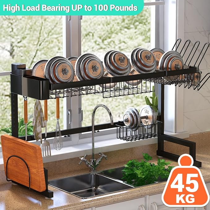 ADBIU Over The Sink Dish Drying Rack (Expandable Height and Length) Snap-On Design 2 Tier Large Dish Rack (24" - 35.5"(L) x 12.1"(W) x 19" - 22"(H))