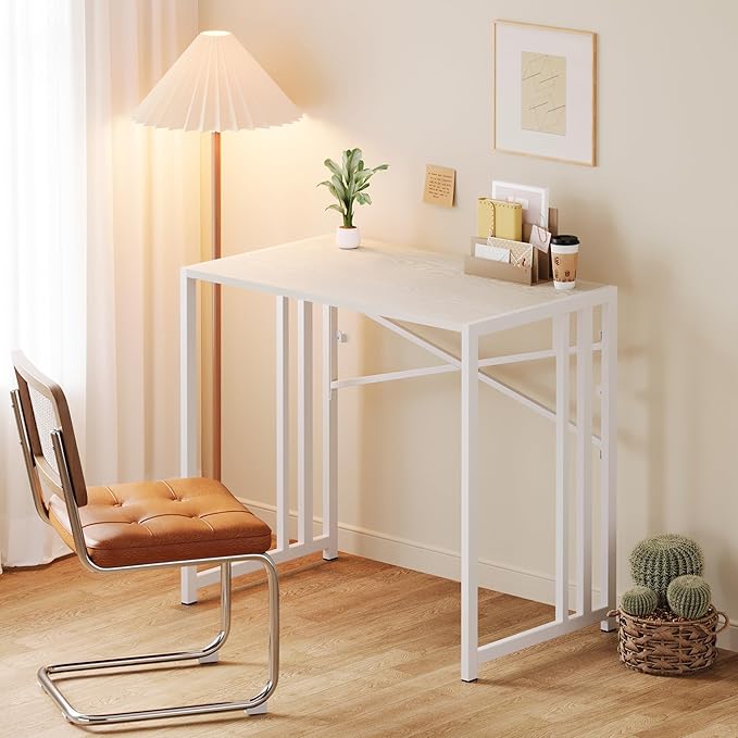 35 inch Small Folding Desk, Writing Gaming Computer Camping Desk for Small Spaces, No Assembly Required Home Office Table, Natural and White-NeatNest