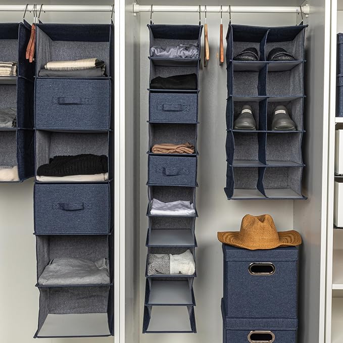 Household Essentials Hanging Narrow Cotton Blend and Plastic Closet Organizer with 10 Storage Shelves, Denim-NeatNest