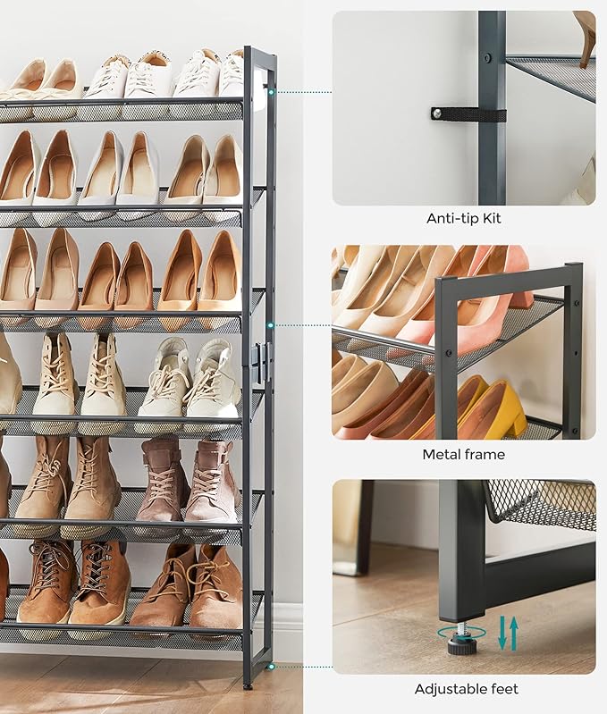 SONGMICS Shoe Rack, 6-Tier Shoe Organizer, Metal Rack for Garage, Set of 2, 3-Tier Stackable Shelf, with Adjustable Flat or Angled Shelves, 18-24 Pairs, Charcoal Gray ULMR003G02-NeatNest