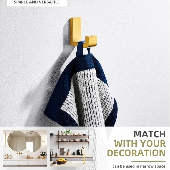 Angle Simple Towel Hook for Bathroom, SUS 304 Stainless Steel Shower Wall Coat Hook, Bath Robe Holder Hanger, Brushed Gold