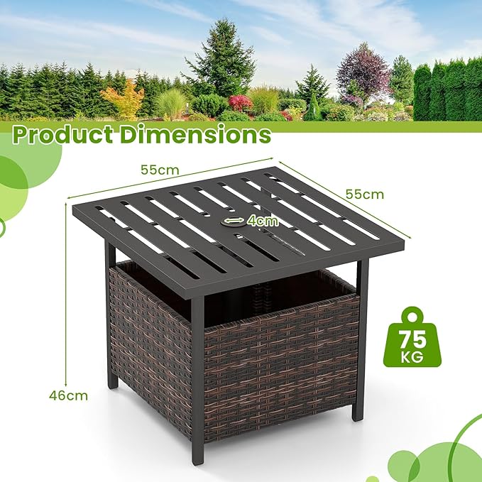 Patio Side Table with Umbrella Hole, 22" Rattan Wicker Umbrella Stand Table, Outdoor End Table for Patio, Garden, Poolside & Yard (Mix Brown)