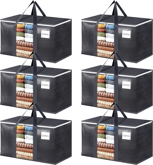 HomeHacks 6 Pack Extra Large Moving Bags with Visual PVC Window & Zippers, Storage Totes with Reinforced Handles, Heavy Duty Storage Bags for Packing, Moving, Storage (76L,Grey)