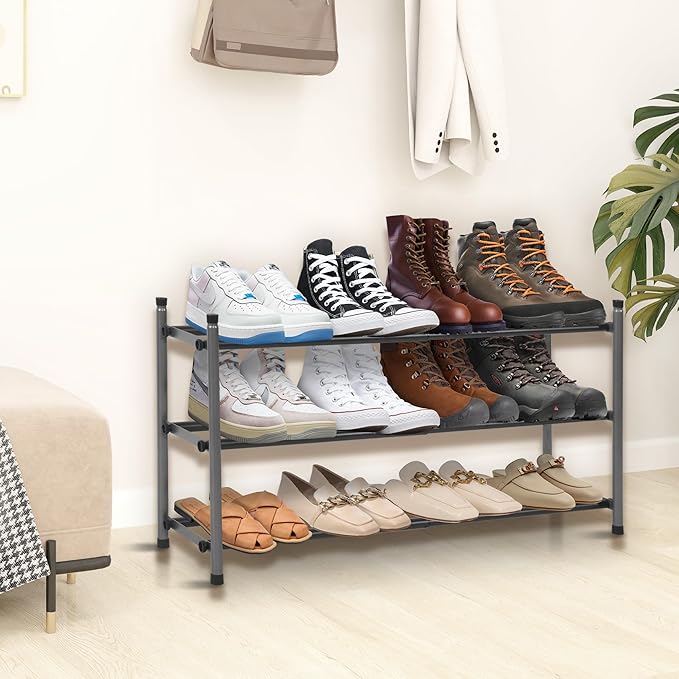 Shoe Rack, Expandable Shoe Storage Organizer for Closet, 3 Tier Metal Shoe Rack for Entryway, Adjustable Small Shoe Shelf for Front Door Entrance, Small Space, Garage-NeatNest