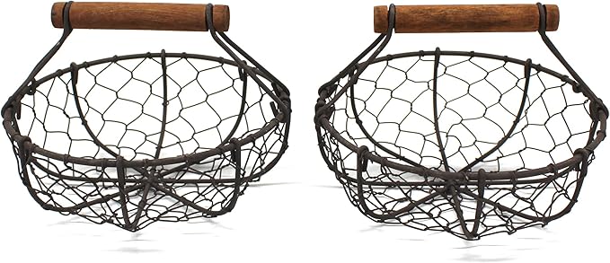 CVHOMEDECO. Chicken Wire Egg Baskets Rust Gathering Baskets with Wooden Handle Country Vintage Style Storage Baskets. Set of 2 (Round)-NeatNest