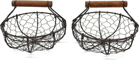 CVHOMEDECO. Chicken Wire Egg Baskets Rust Gathering Baskets with Wooden Handle Country Vintage Style Storage Baskets. Set of 2 (Round)-NeatNest