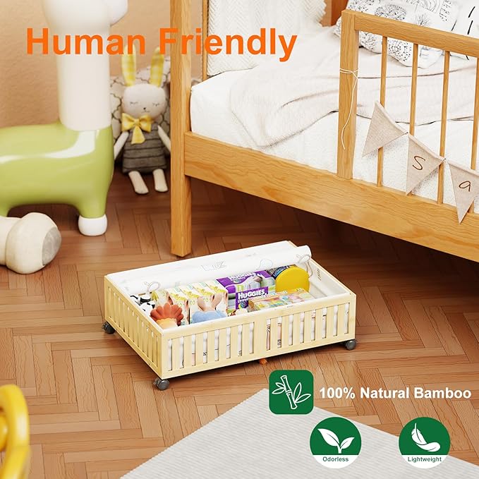 2Pack Bamboo Under Bed Storage Containers, UnderBed Storage with Wheels & 40L Large Capacity Dust Bag, Sturdy Rolling Under Bed Clothes Storage for Shoes Toy Book, Nature (24.02" × 16.54")-NeatNest