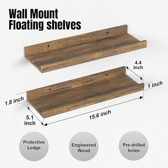 Floating Shelves for Wall, Wall Mounted Shelves Set of 2, Rustic Shelves with Lip, Display Picture Ledge Shelf for Wall Decor Living Room Bathroom Kitchen - Brown-NeatNest