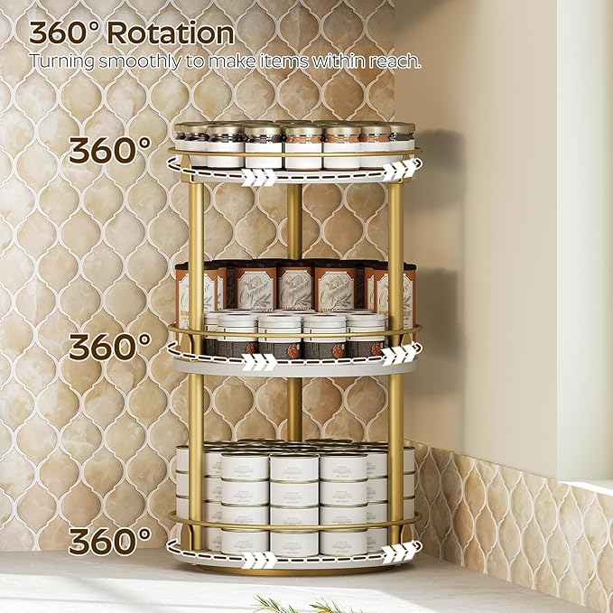 3-Tier Lazy Susan, Rotating Spice Rack, Spinning Organizer, Industrial Turntable Spice Rack for Cabinet, Kitchen Countertop, Pantry, White and Gold SR23DW-NeatNest