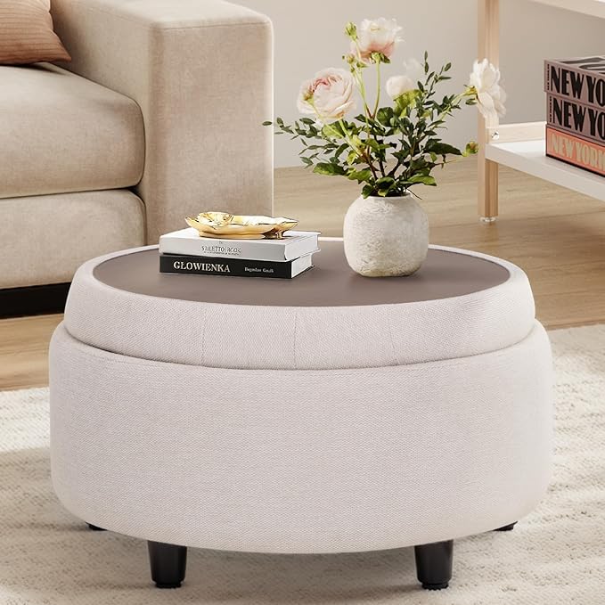 COLAMY Fabric Round Storage Ottoman with Reversible Tray Lid – Multi-Functional Footrest, Hidden Storage, Sturdy & Stylish Small Coffee Table for Living Room, Bedroom, or Entryway(Beige)-NeatNest