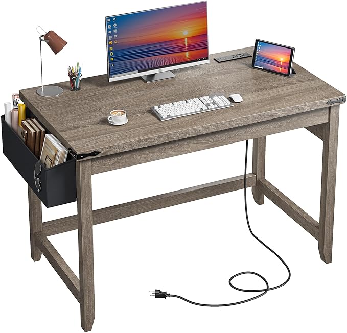 EnHomee 40 Inch Small Desk with Detachable Storage Bag, Modern Simple Computer Desk with Power Outlet, Study Writing Table for Small Spaces, Study Desks for Bedroom, Ash Gray-NeatNest