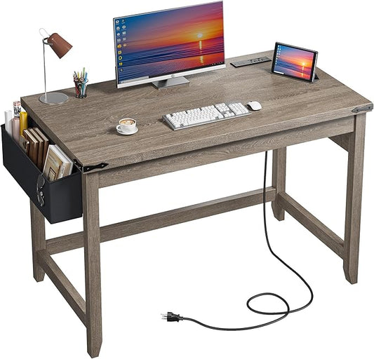 EnHomee 40 Inch Small Desk with Detachable Storage Bag, Modern Simple Computer Desk with Power Outlet, Study Writing Table for Small Spaces, Study Desks for Bedroom, Ash Gray-NeatNest