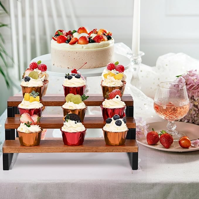 3 Tier Wooden Display Riser Stand Perfume Organizer with Metal Stand, Dessert Table Display Set, Food Display Stands for Party, Brown Rustic Solid Wood Shelf for Cupcakes, Perfume, Cologne, Spiece-NeatNest
