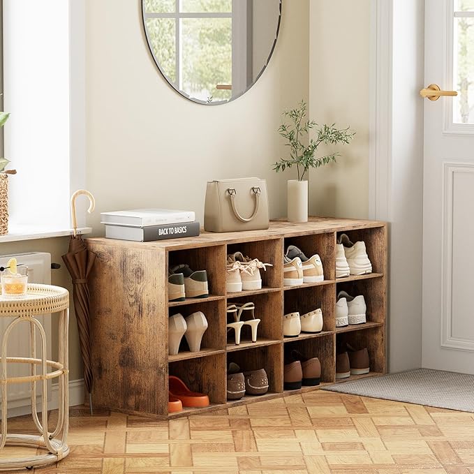 12-Cubby Shoe Rack, 3-Tier Wood Shoe Organizer, Multifunctional Shoe Organizer Bench for Entryway, Mudroom, Hallway, Closet,36.22 * 11.81 * 17.72 Inch,Brown-NeatNest