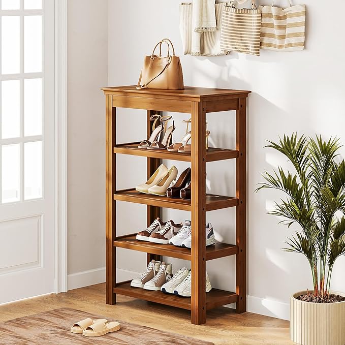 Bamworld Shoe Rack for Front Door Entrance Bamboo Shoe Organizer Free Standing Shoe Cabinet Narrow Shoe Storage Shelf for Entryway, Closet and Doorway Brown, 23.6"-NeatNest