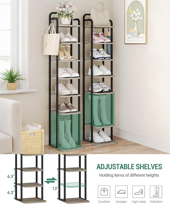 8 Tiers Vertical Shoe Rack, Narrow Shoe Tower, Tall Shoes Shelf with 2 Hooks, Adjustable Shelves, Corner Shoes Shelves for Small Spaces, Entryway, Living Room, Greige SR04305B-NeatNest