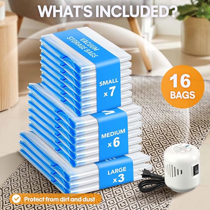 16 Pack Travel Vacuum Storage Bags with Electric Pump, Vacuum Seal Bags for Clothing, Vacuum Sealer Bags for Luggage, Travel Essentials-NeatNest