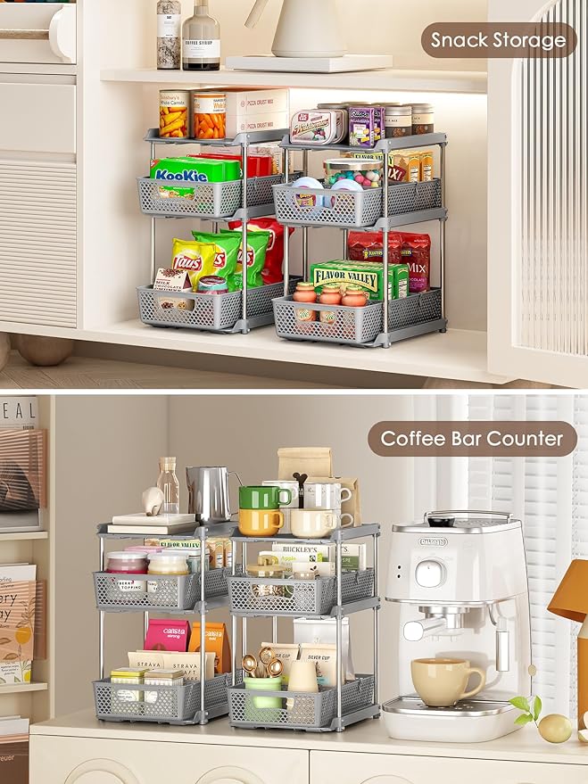 2Pcs 3 Tier Bathroom Organizers, WIDER BOLDER Pull Out Under Sink Organizer with Dividers, Kitchen and Bathroom Storage Cabinet - Gray-NeatNest