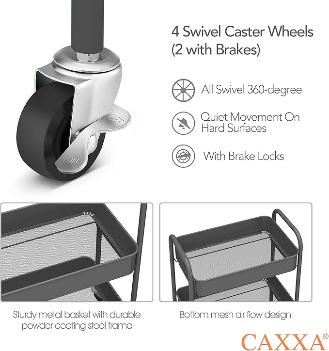 CAXXA 3-Tier Rolling Metal Storage Organizer - Mobile Utility Cart with Caster Wheels, Gray-NeatNest