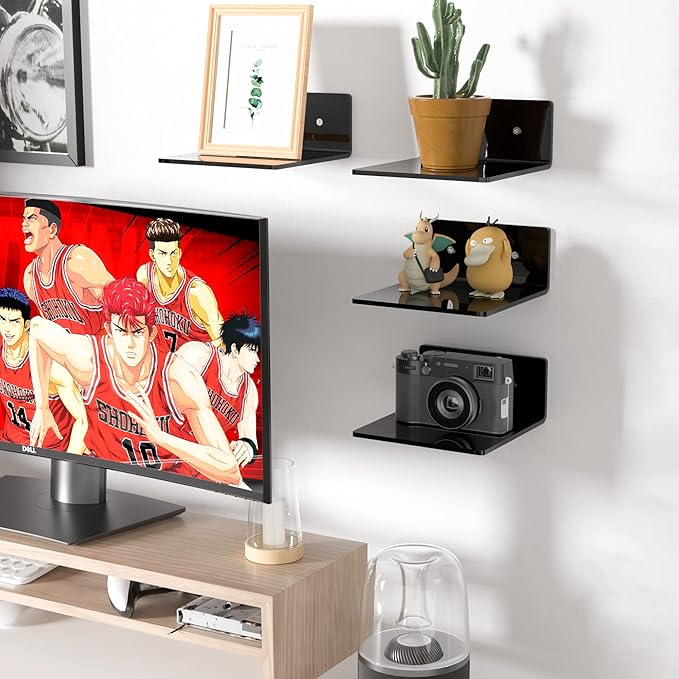 6 Inches Acrylic Small Wall Shelves 2 Pack, Floating Shelf for Wall Mounting, Acrylic Display Ledges for Funko Pop Figures, Home Décor, Living Room, Gaming Room, Plants(6 inch, Black)-NeatNest