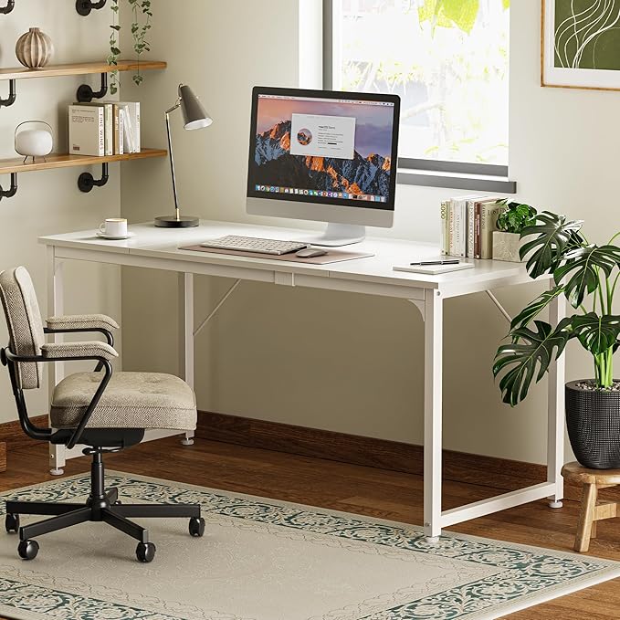 Huuger Computer Desk, 63 Inch Office Desk, Gaming Desk with Storage, Writing Desk Work Desk for Home Office, Study, Modern Simple Desk, Large Legroom, Metal Frame, White-NeatNest