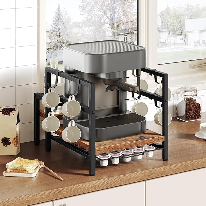 HOOBRO K Cup Holder, Coffee Pod Organizer for Counter, 35 Capacity Pods Storage Organizer Cups with Mug Rack, Coffee Maker Stand, Coffee Station for Syrup, Rustic Brown and Black BF01CR01-NeatNest