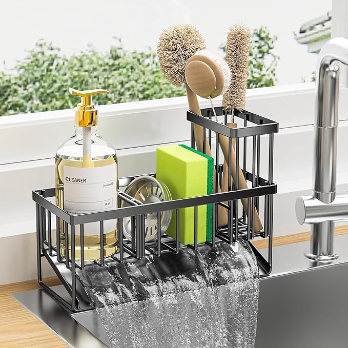 Cisily Kitchen Sink Caddy Organzier with High Brush Holder, Sponge Holder for Sink, 304 Rustproof Stainless, Kitchen Countertop Soap Dispenser Organizer, Kitchen Decor and Accessories-NeatNest