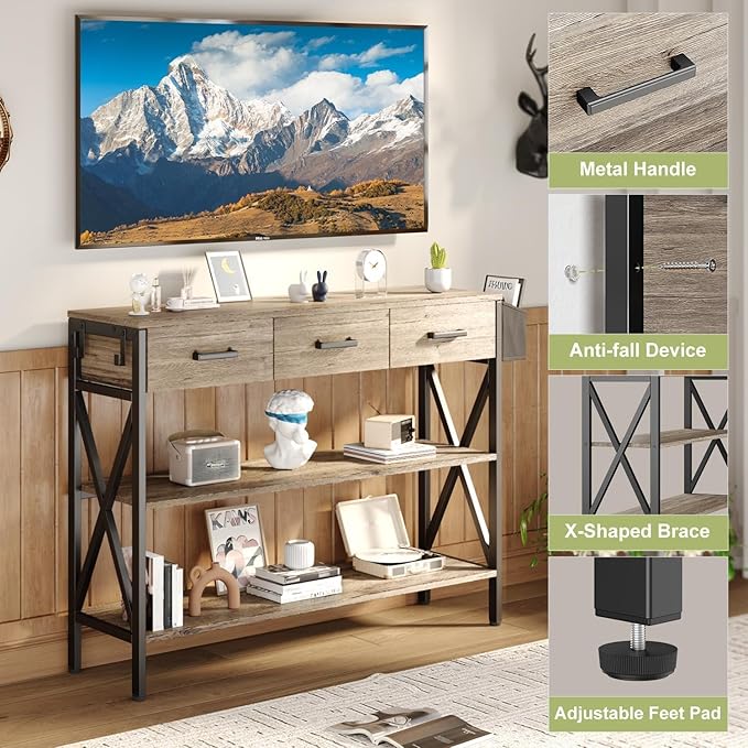 Gizoon 47" Entryway Table with 3 Drawers and 3 Tier Storage Shelves, Industrial Narrow Long Sofa Table, Farmhouse Style Console Table for Living Room, Hallway, Couch, Small Spaces - Grey-NeatNest
