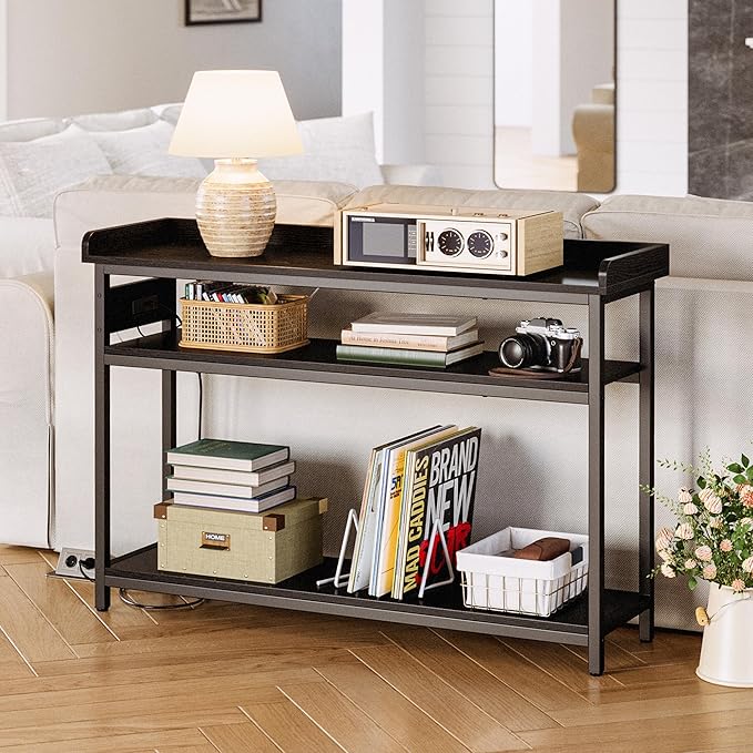 IRONCK Console Table, Sofa Table with Power Outlet, Farmhouse Hallway Table for Entryway, Living Room, Height Adjustable, Easy Assembly, Vintage Black, 43"-NeatNest