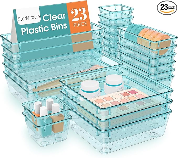 23 PCS Drawer Organizer Set, 5 Varied Size Bathroom and kitchen Drawer cabinet organizer Trays, Clear Storage Bins for Makeup, Jewelry, Utensils and Gadgets-NeatNest