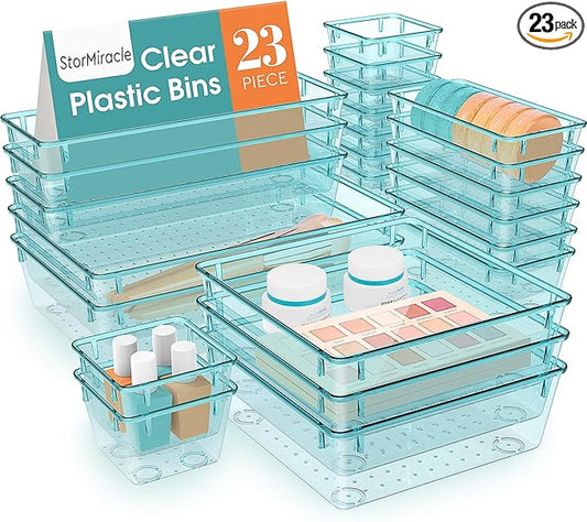 23 PCS Drawer Organizer Set, 5 Varied Size Bathroom and kitchen Drawer cabinet organizer Trays, Clear Storage Bins for Makeup, Jewelry, Utensils and Gadgets-NeatNest