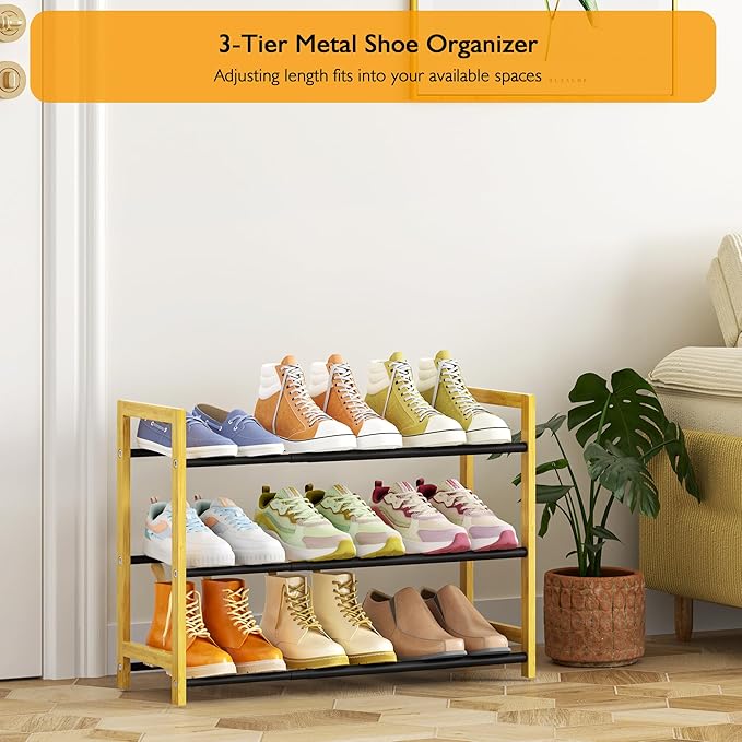 Expandable Shoe Rack for Closet,3 Tier Metal Shoes Shelf Organizer for Dorm,6-12 Pairs Small Standing Shoe Rack for Narrow Spaces,Entryway-NeatNest