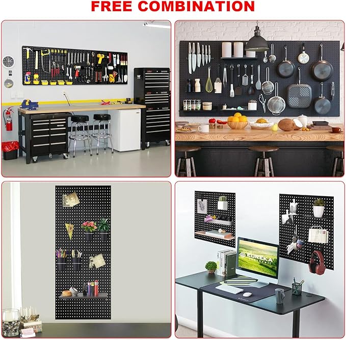4Pcs Metal Pegboard Panels for Wall，Peg Boards for Garage Tools Pegboard Storage Organizer for Workbench, Shop，Bathroom，Office and Gaming Setup With Customizable Hanging Solutions (Black, 24" x 12")