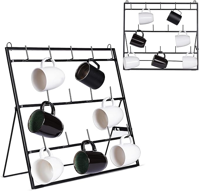 BIRDROCK HOME 14-Hook Mug Rack - Free Standing or Wall Mountable - Coffee Tea Cup Glass Storage Holder - Coffee Bar Display Décor - Decorative Kitchen Organizer - Flat Black Metal Steel-NeatNest