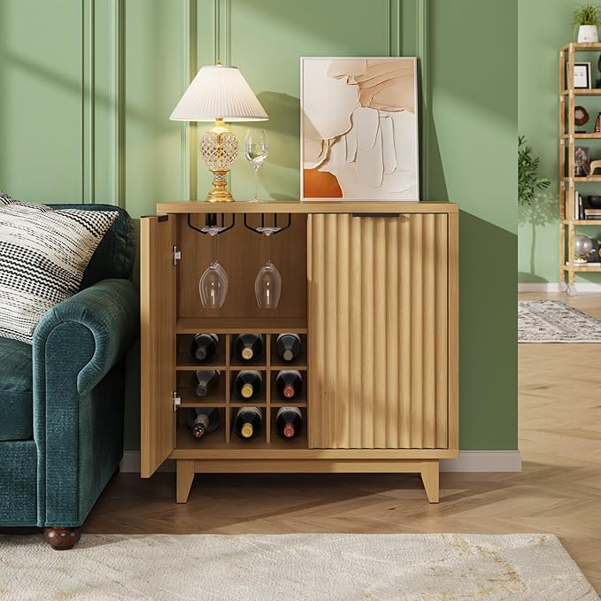 Fluted Coffee Bar Cabinet with Storage, Modern Sideboard Buffet Cabinet with Removable Wine Rack, Drawer, Adjustable Shelf, Natural Liquor Cabinets for Living Room, Dining Room, Kitchen, Entryway
