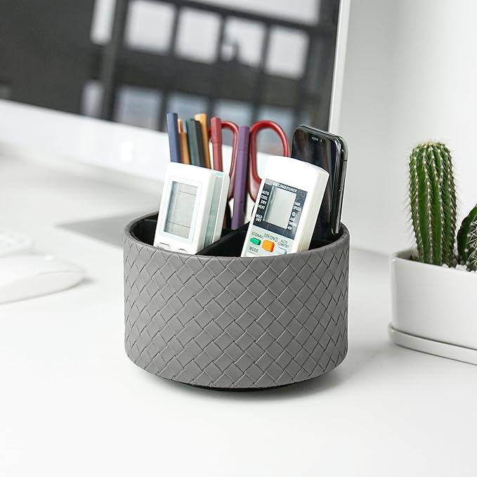 Hennaja Round Leather Art Supply Organizer,Remote Control Holder,360 Degree Spinning,Multi-Functional Pencil Holder,4 Compartments Desktop Stationary Organizer(1-Weave Grey)-NeatNest
