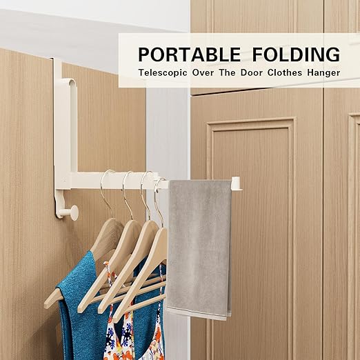 Over The Door Drying Rack, Foldable Portable Over The Door Hooks Hanger with Towel Racks for Coat Clothes Laundry Bathroom Bedroom Travel Hangers (Milky White, 1 Pack)
