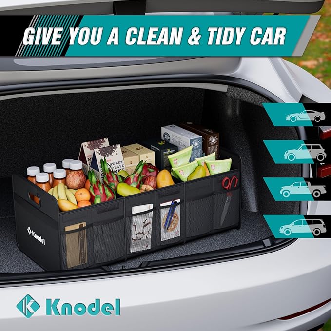 K KNODEL Car Trunk Organizer, Foldable Organizer for Car, Automotive Consoles & Organizers, 3 Compartments Storage with Reinforced Handles (Large, Black)-NeatNest